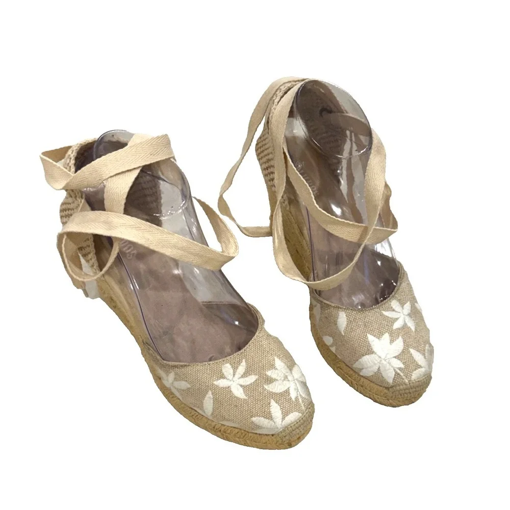 Soludos Floral Embroidered Espadrille Wedge Shoes Lace Up Ankle Tie Beige Size 7